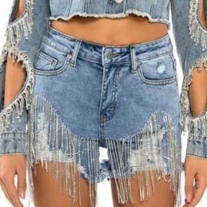 Rhinestone Fringe Western Style Denim Shorts